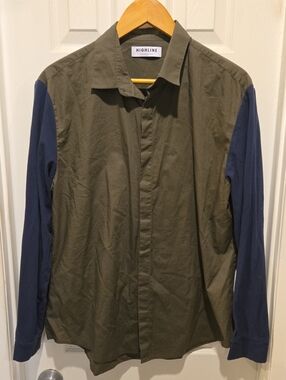 Highline Olive Green and Navy Contrast Long-Sleeve Button-Down Shirt